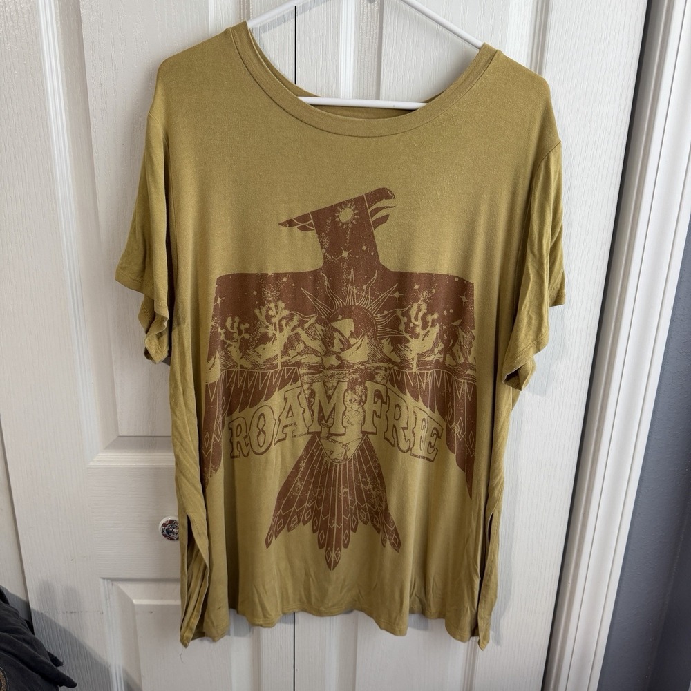 Arula Roam Free Thunderbird Mustard Short Sleeve Side Slits Shirt Size X US XL